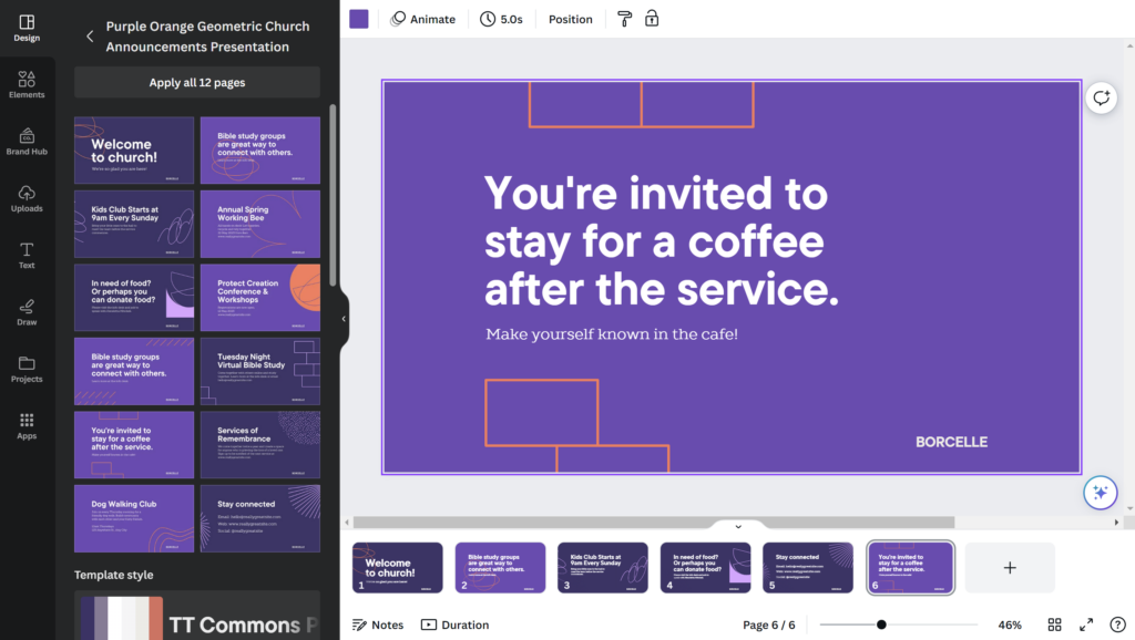 Purple Orange Geometric Church Announcements Presentation - Example: "You're invited to stay for a coffee after the service."